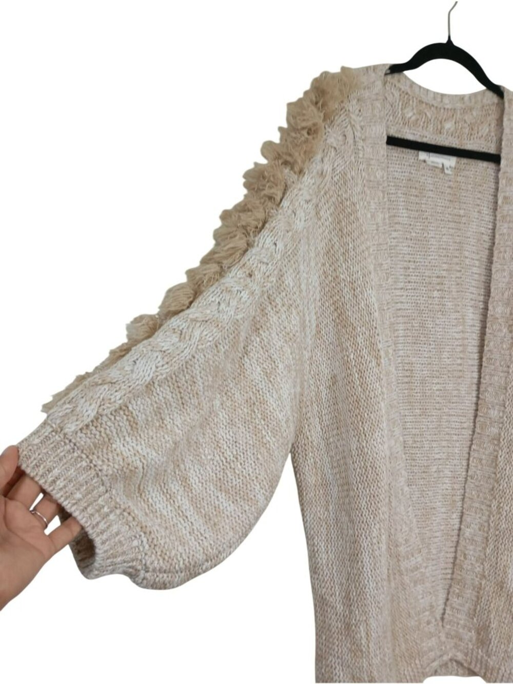 Anthropologie Chunky Knit Fringe Sleeve Open Front Cardigan One Size Beige/Tan - Picture 8 of 12